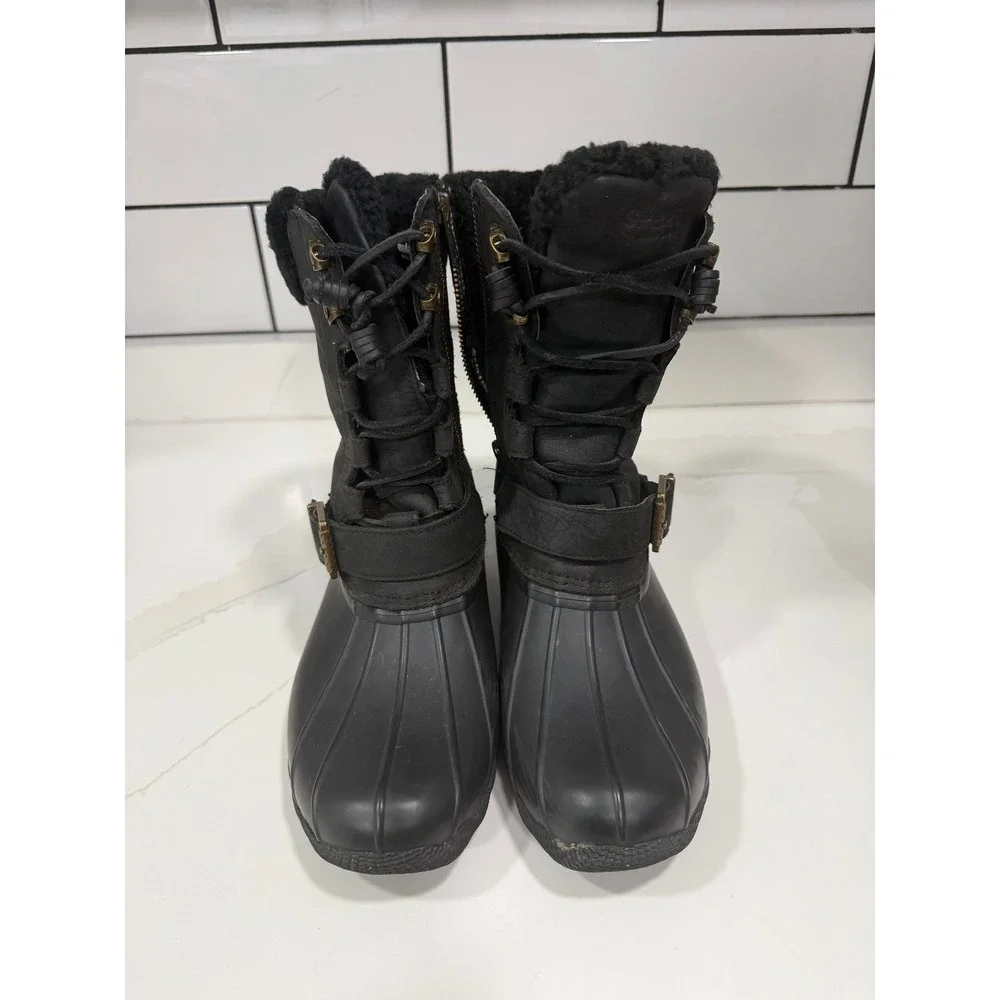 Sperry Saltwater Black Leather Duck Boots 3M Thinsulate Fur Trim Womens 8